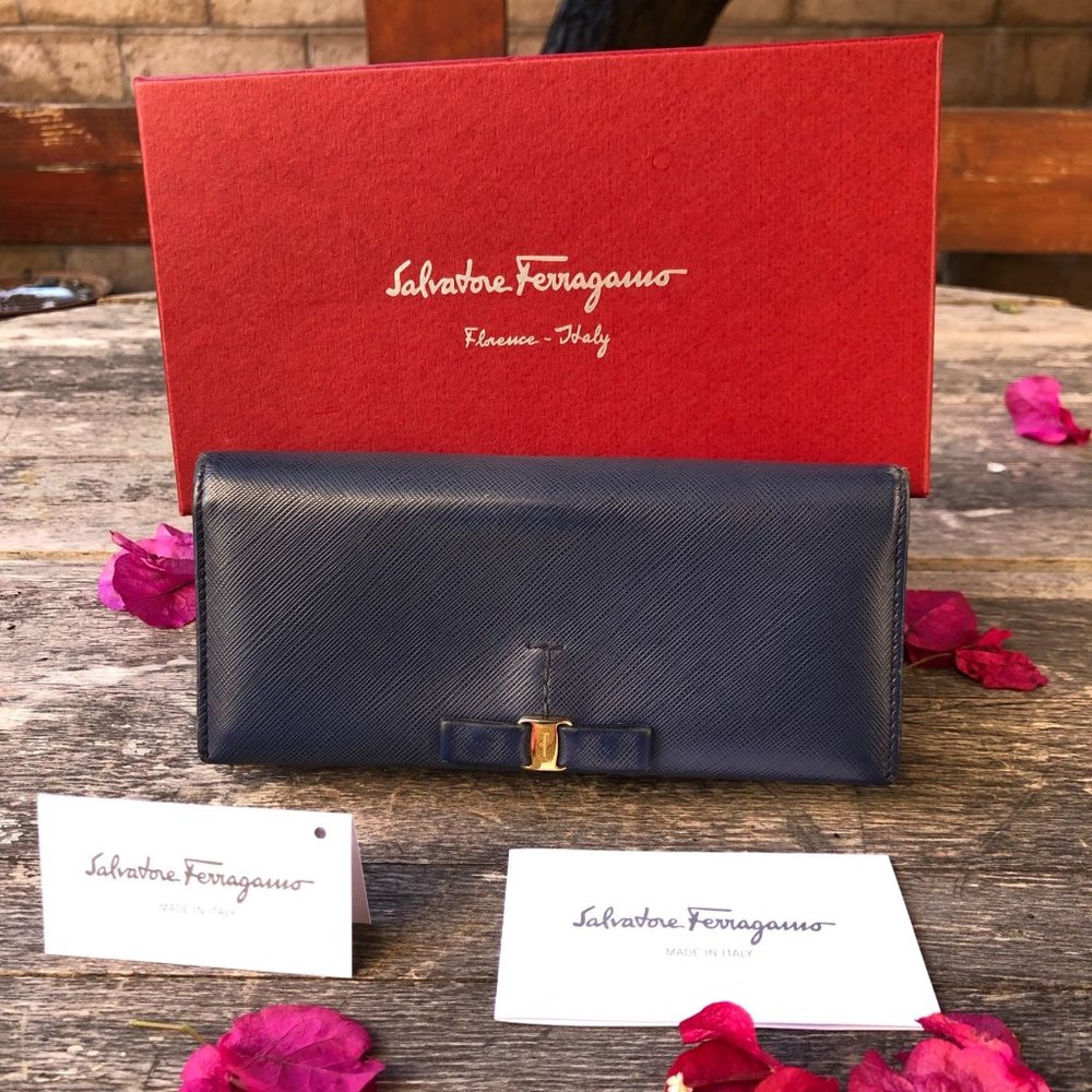 Salvatore Ferragamo RARE Blue Leather Bow tie Vara long Wallet with Box